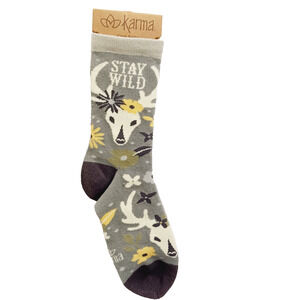Women Boy Sock Crew Karma Stay Wild Flowers Longhorn Skull Texas Cow Western NWT